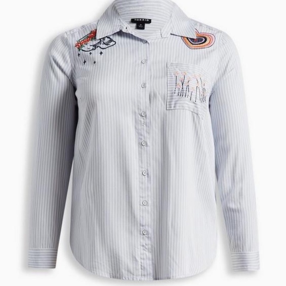 torrid Tops - Torrid Lizzie Rayon Twill Embroidered Striped Button Up Long Sleeve Shirt M/L